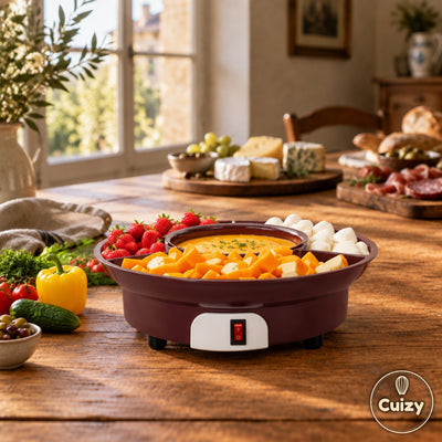 Appareil à fondue électrique Cuizy Melt sur une table en bois pour une soirée fromage
