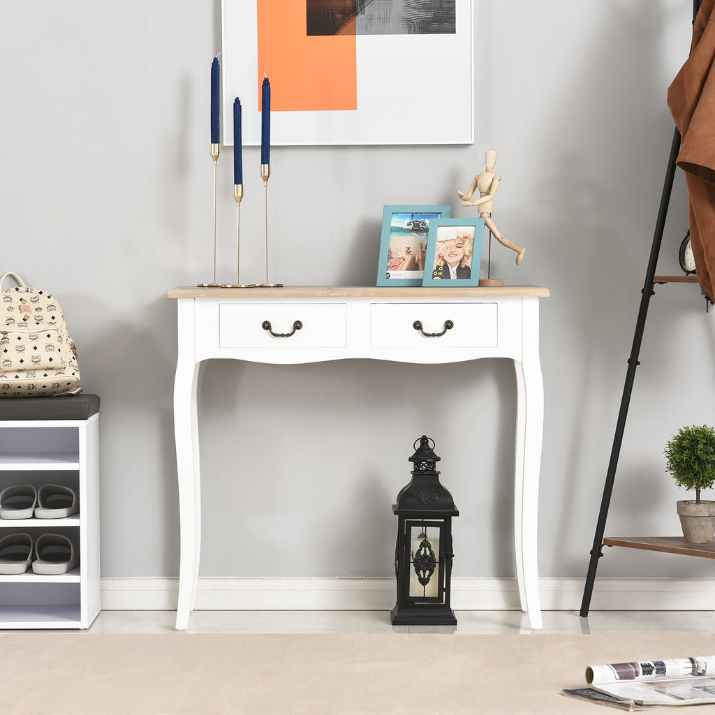 Table Console Table d'entrée Bout de Canapé Style Mexicain 2 tiroirs dim. 87L x 34l x 78H cm MDF Bois Massif pin Clair Blanc