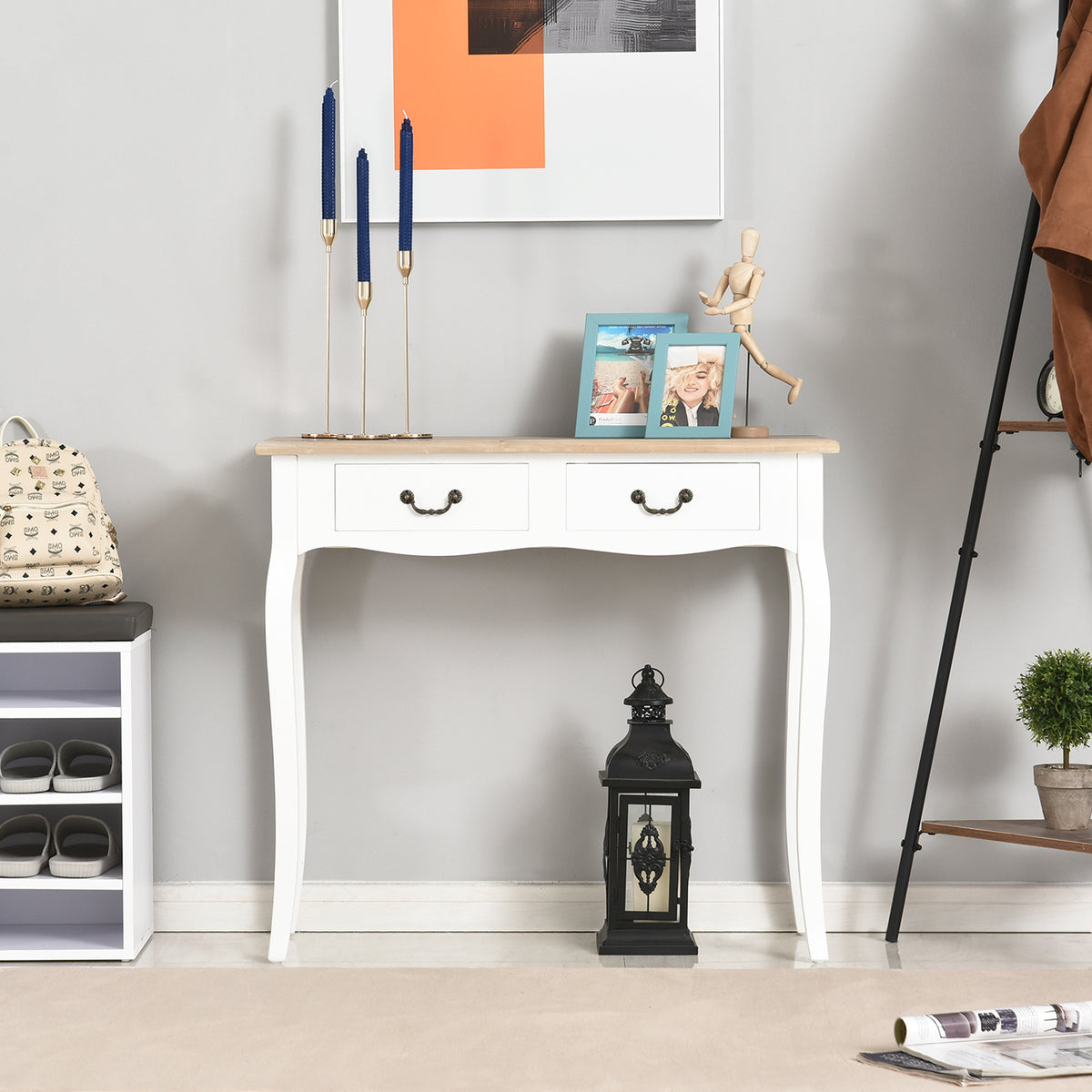 Table Console Table d'entrée Bout de Canapé Style Mexicain 2 tiroirs dim. 87L x 34l x 78H cm MDF Bois Massif pin Clair Blanc
