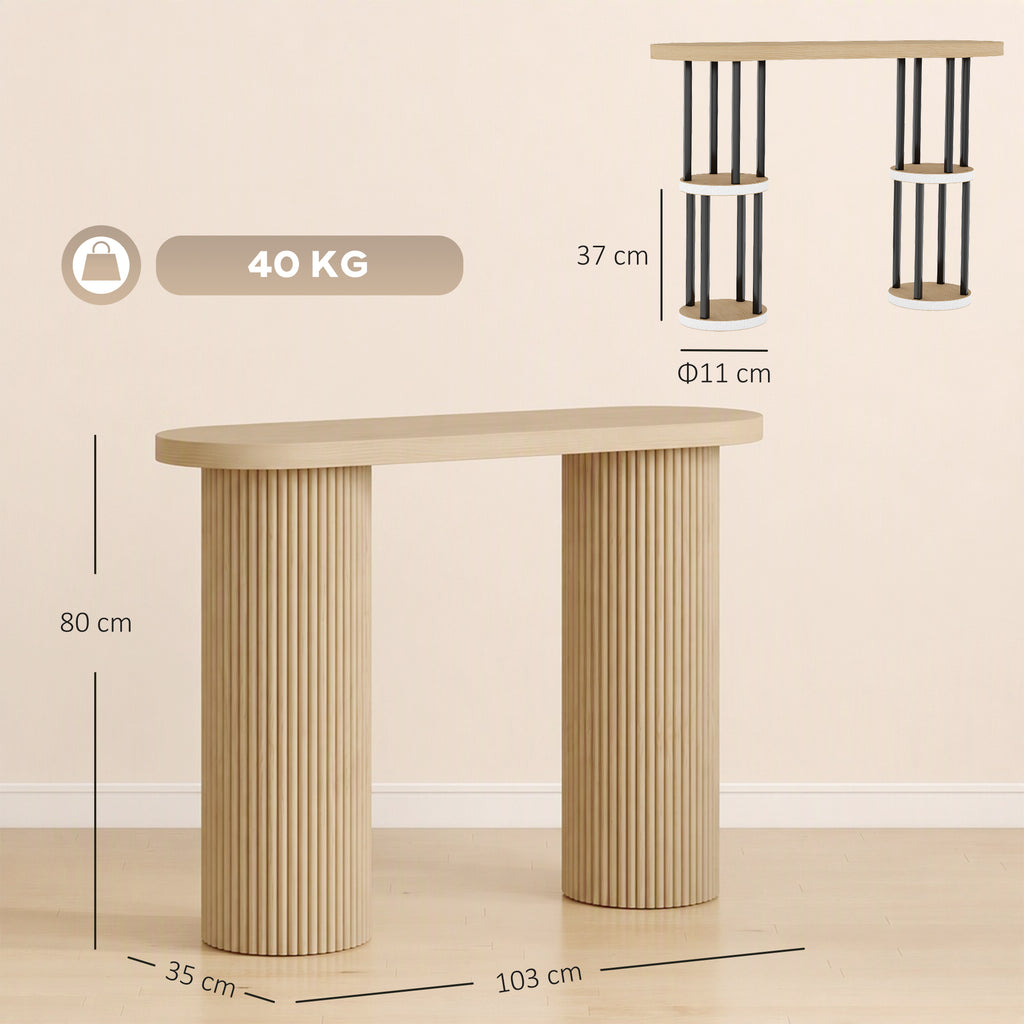 Table Console Cannelée, Rangement Dissimulé, Pieds Colonnes, Style Rustique, Console d'Entrée Étroite, 103x35x80cm Chêne