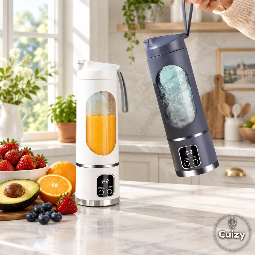 Mixeur portable presse-agrumes USB Cuizy Blend sur un plan de travail de cuisine avec des fruits frais