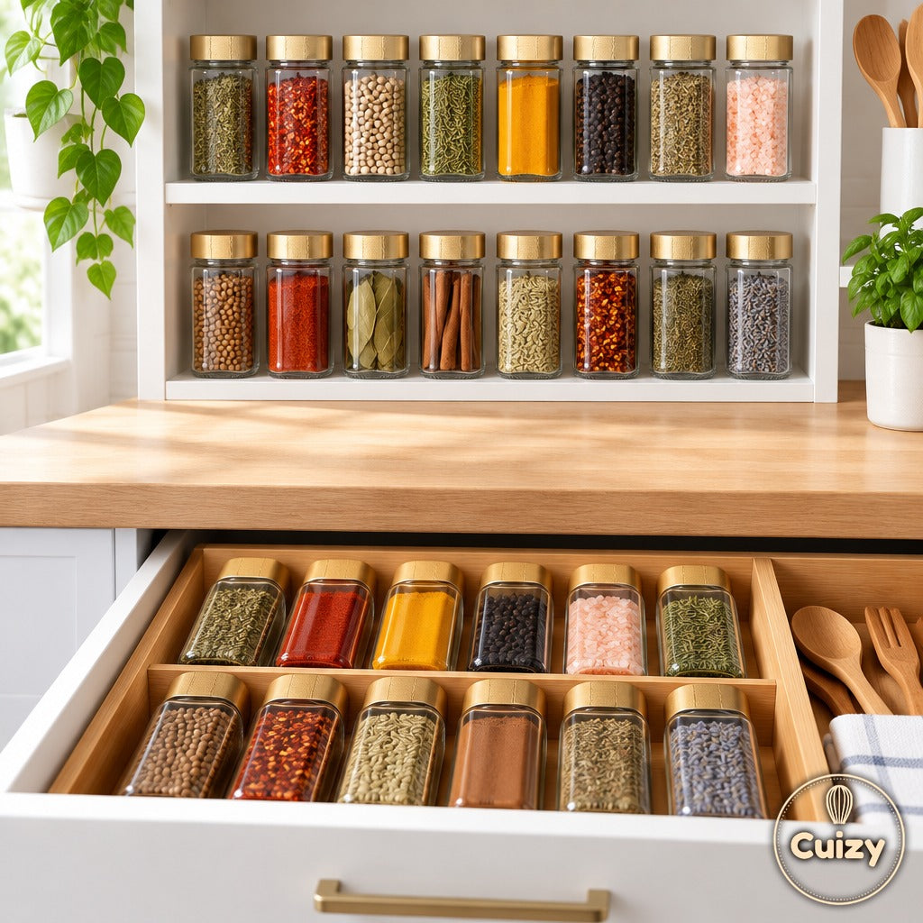 Cuisine rangée avec les pots à épices Cuizy Pinch