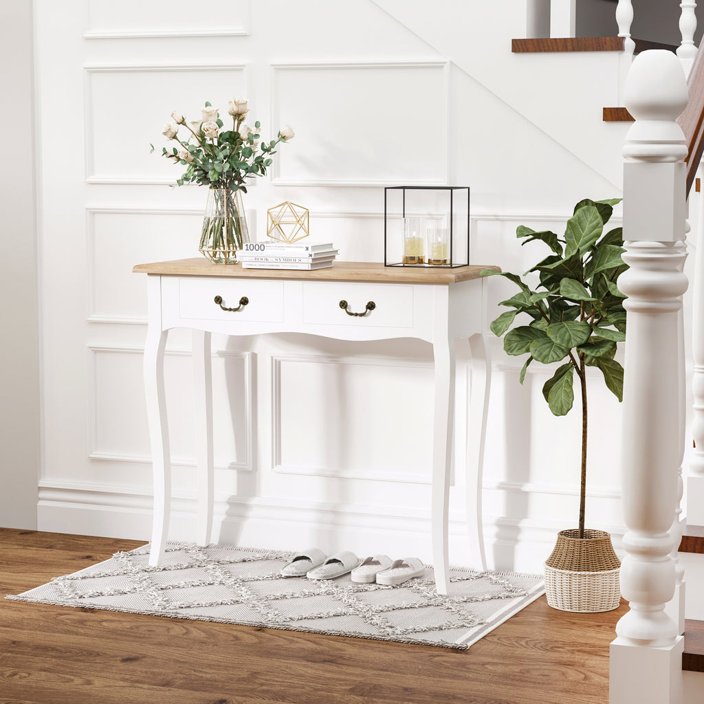 Table Console Table d'entrée Bout de Canapé Style Mexicain 2 tiroirs dim. 87L x 34l x 78H cm MDF Bois Massif pin Clair Blanc