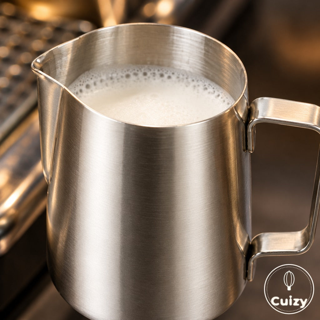 Gros plan sur le pichet inox Cuizy Latte et la mousse de lait