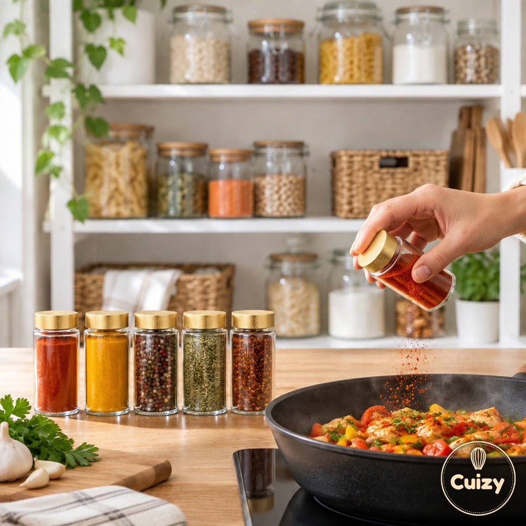 Main saisissant un pot à épices en verre Cuizy Pinch