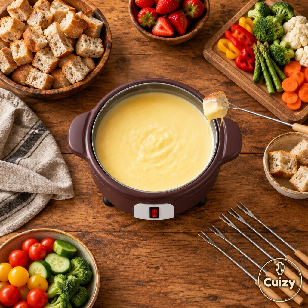 Vue du dessus de l'appareil à fondue Cuizy Melt entouré de pain, fruits et légumes