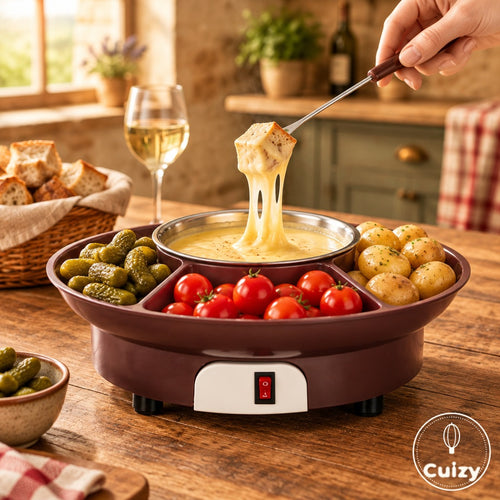 Cuizy Fondu en utilisation : un cube de pain trempé dans le fromage fondu