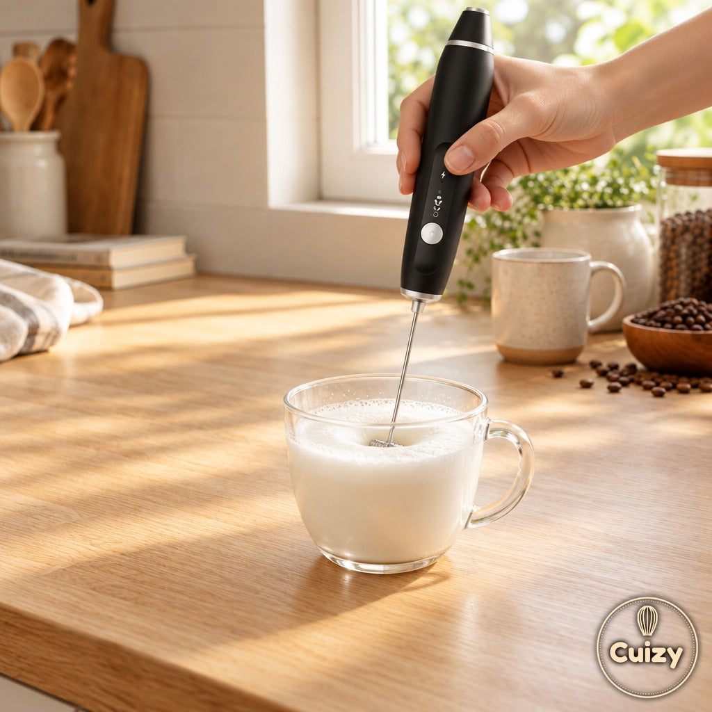 Cuizy Foam en utilisation : lait moussé dans une tasse en verre