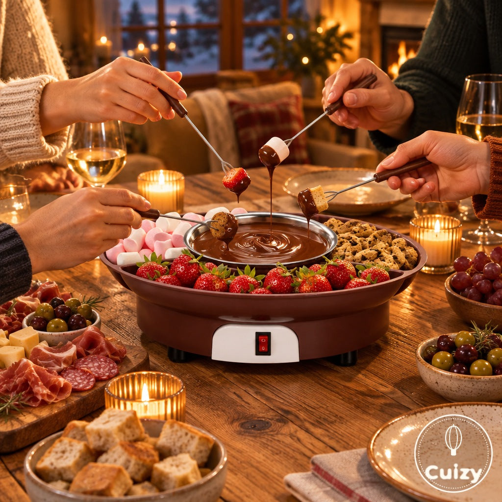 Table dressée pour une fondue entre amis avec le Cuizy Fondu