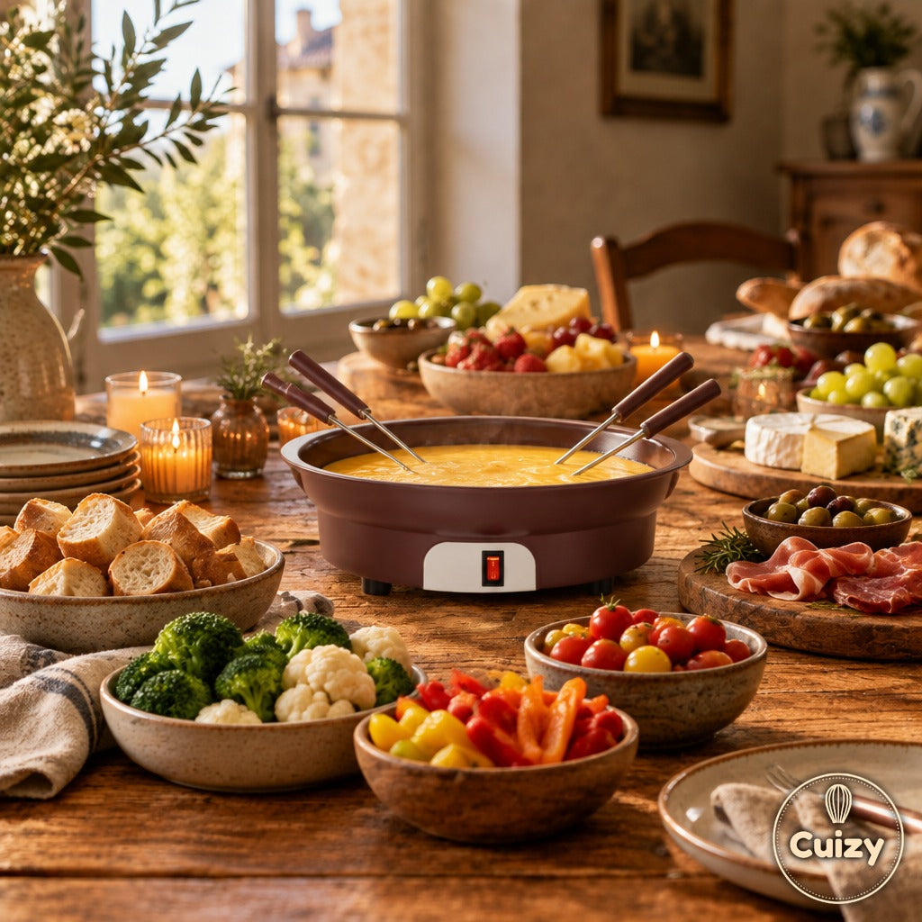 Table dressée pour une fondue entre amis avec l'appareil Cuizy Melt