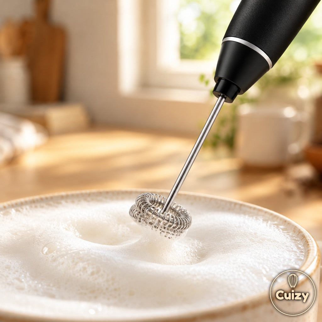 Gros plan sur le fouet du mousseur à lait Cuizy Foam et la mousse de lait