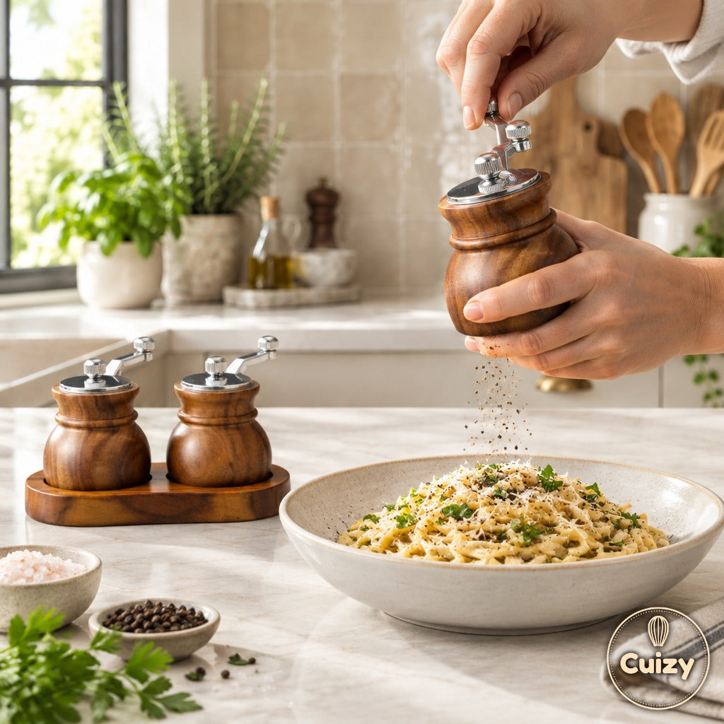Cuizy Mill en utilisation : poivre fraîchement moulu sur un plat