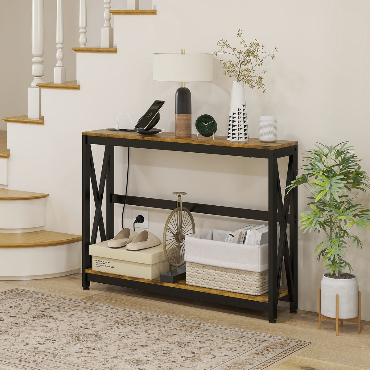 Console meuble étroite à 2 niveaux style industriel avec prises de courant et USB, 100 x 24 x 75 cm, marron