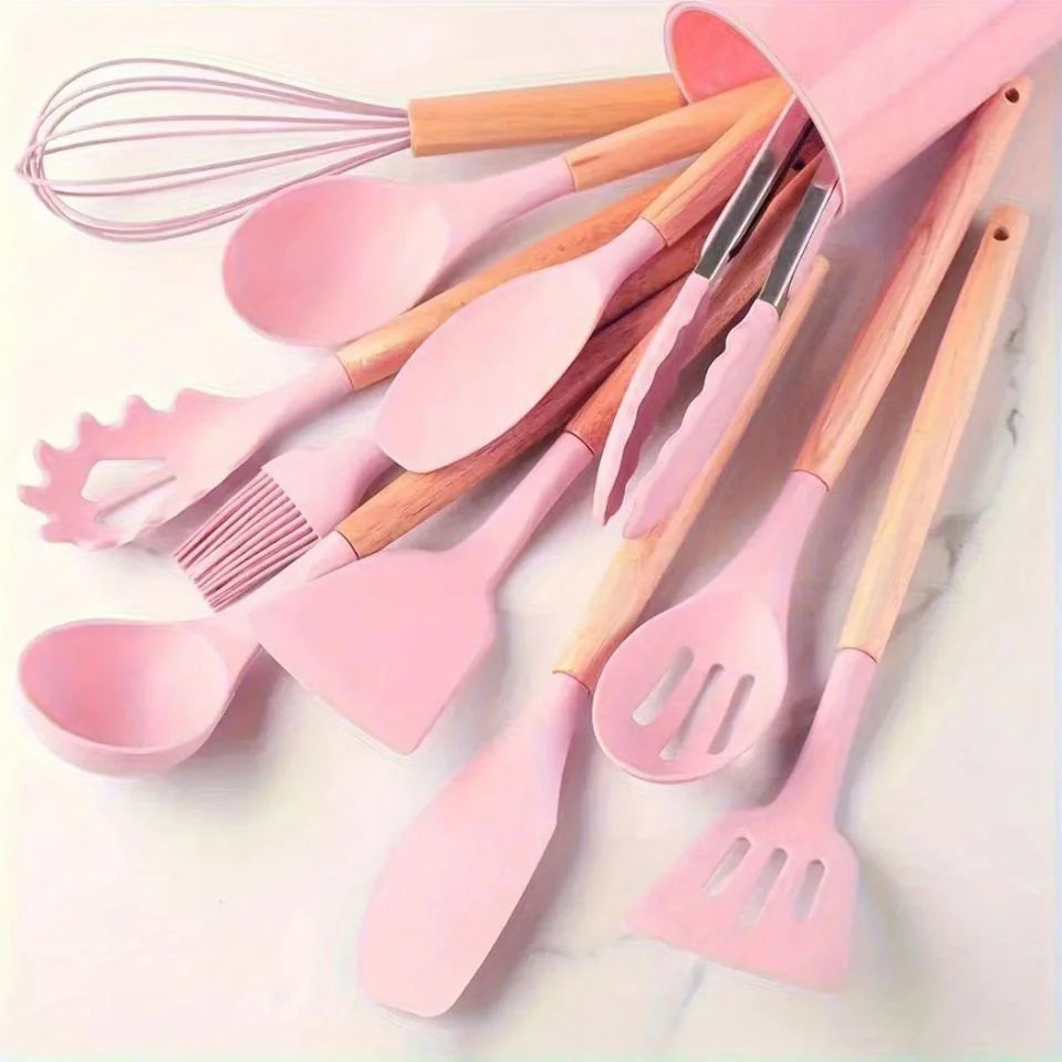 Set d'Ustensiles de Cuisine en Silicone avec Manche en Bois – Cuizy Cream