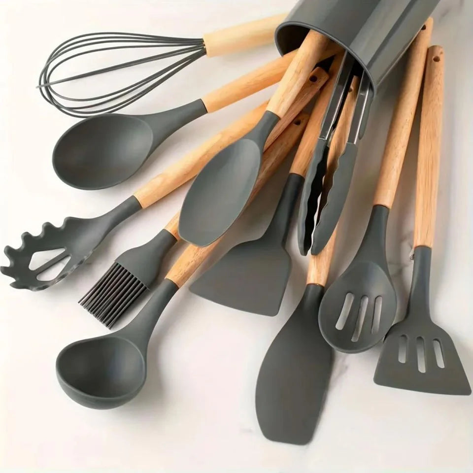Set d'Ustensiles de Cuisine en Silicone avec Manche en Bois – Cuizy Cream