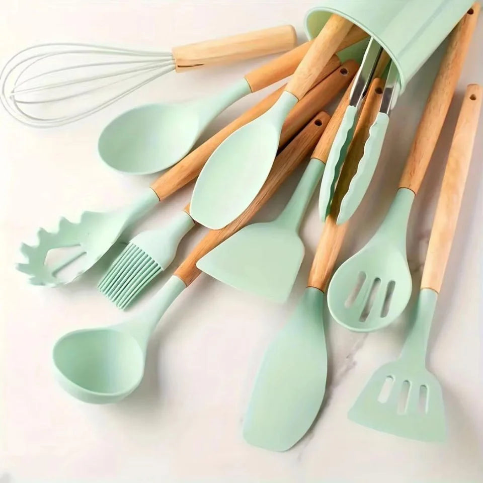 Set d'Ustensiles de Cuisine en Silicone avec Manche en Bois – Cuizy Cream