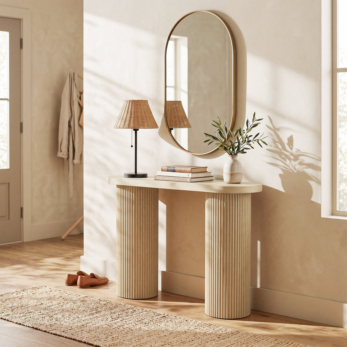 Table Console Cannelée, Rangement Dissimulé, Pieds Colonnes, Style Rustique, Console d'Entrée Étroite, 103x35x80cm Chêne