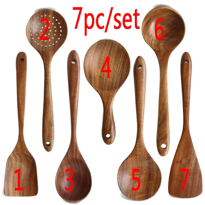 Ustensiles de Cuisine en Teck Naturel (cuillère, louche, spatule, écumoire) – Cuizy Teak