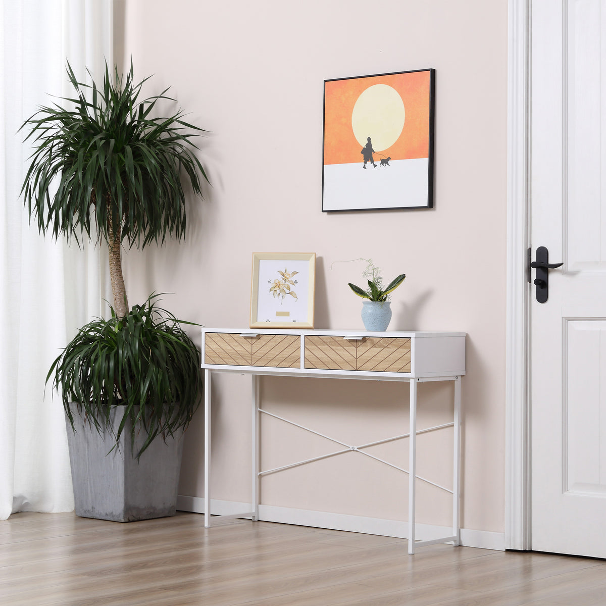 Table Console Industriel 2 tiroirs Aspect Bois de chêne sculpté Motif à Chevrons piètement métal Blanc