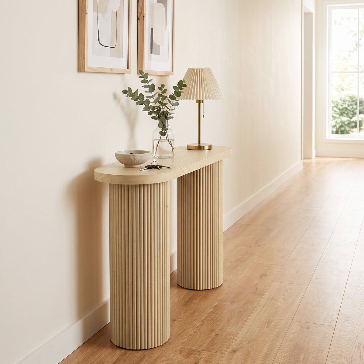 Table Console Cannelée, Rangement Dissimulé, Pieds Colonnes, Style Rustique, Console d'Entrée Étroite, 103x35x80cm Chêne