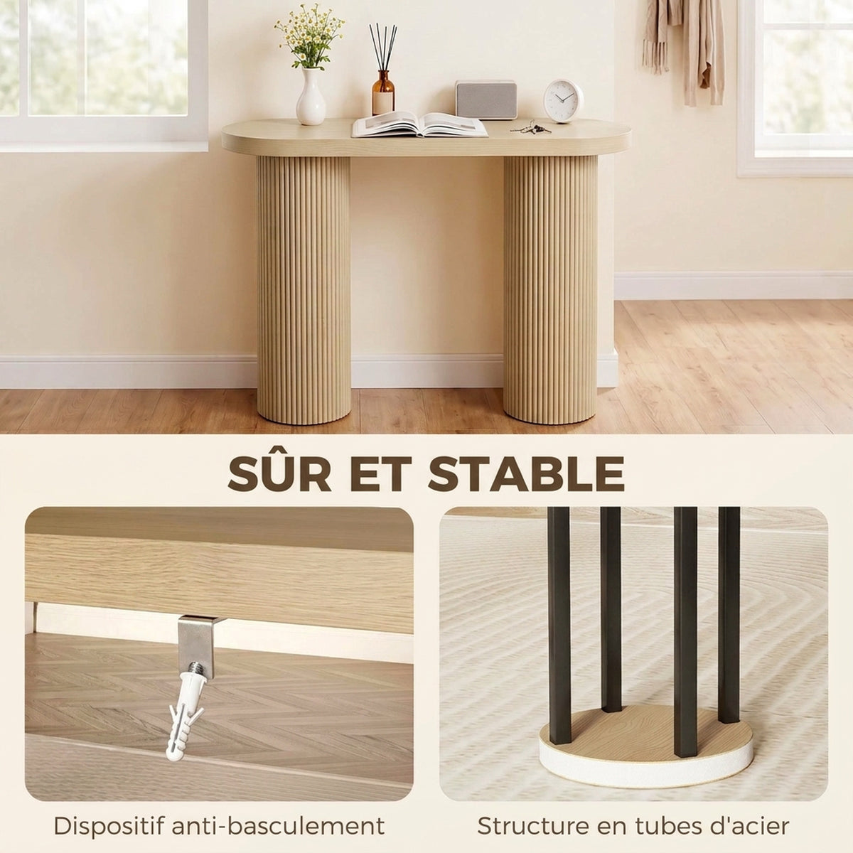Table Console Cannelée, Rangement Dissimulé, Pieds Colonnes, Style Rustique, Console d'Entrée Étroite, 103x35x80cm Chêne
