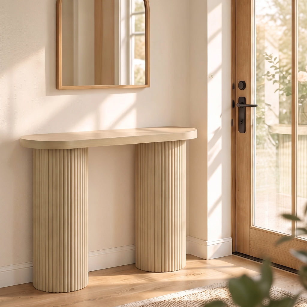 Table Console Cannelée, Rangement Dissimulé, Pieds Colonnes, Style Rustique, Console d'Entrée Étroite, 103x35x80cm Chêne