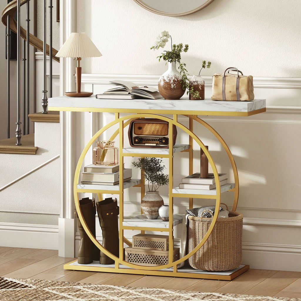 Table Console d'Entrée Meuble d'Entrée Industrielle 6 Étagères Rangement Plateau 4cm 100 x 30 x 81,5cm Blanc
