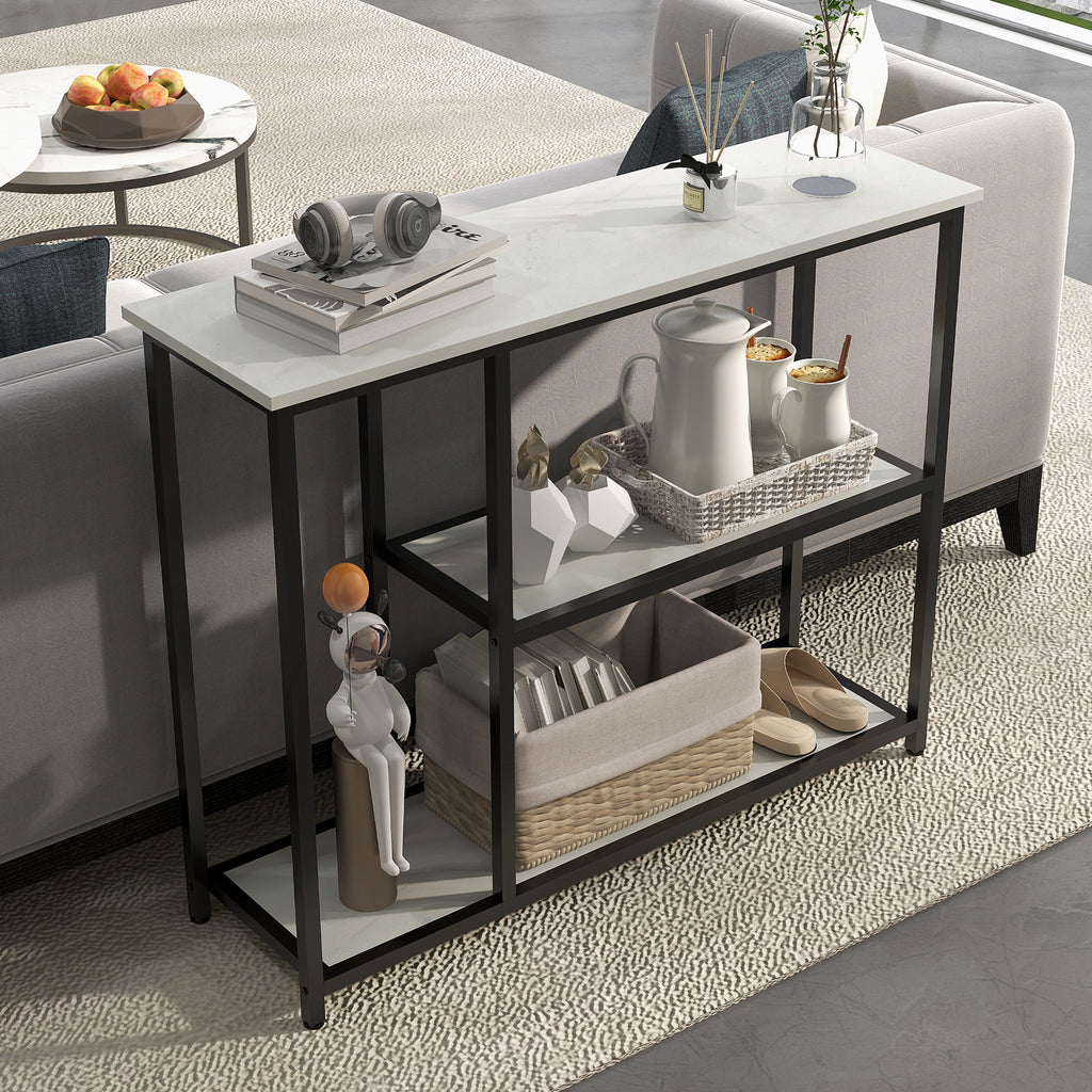 Console meuble 100 cm, table console 3 niveaux, plateaux en effet marbre, cadre en acier, blanc
