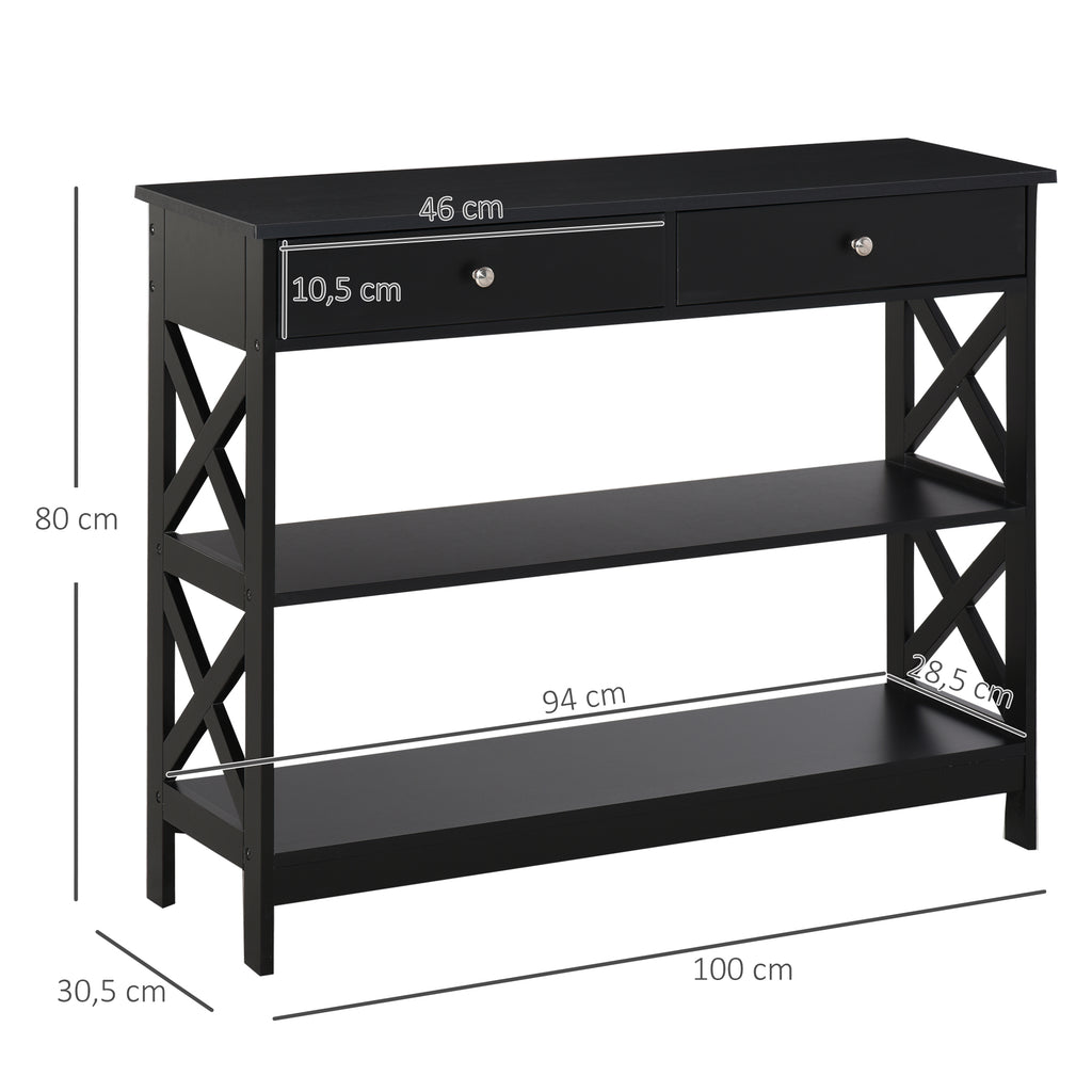 Table de console table d'entrée style table de drapier néo-rétro 2 tiroirs 2 étagères dim. 100L x 30,5l x 80H cm en bois noir