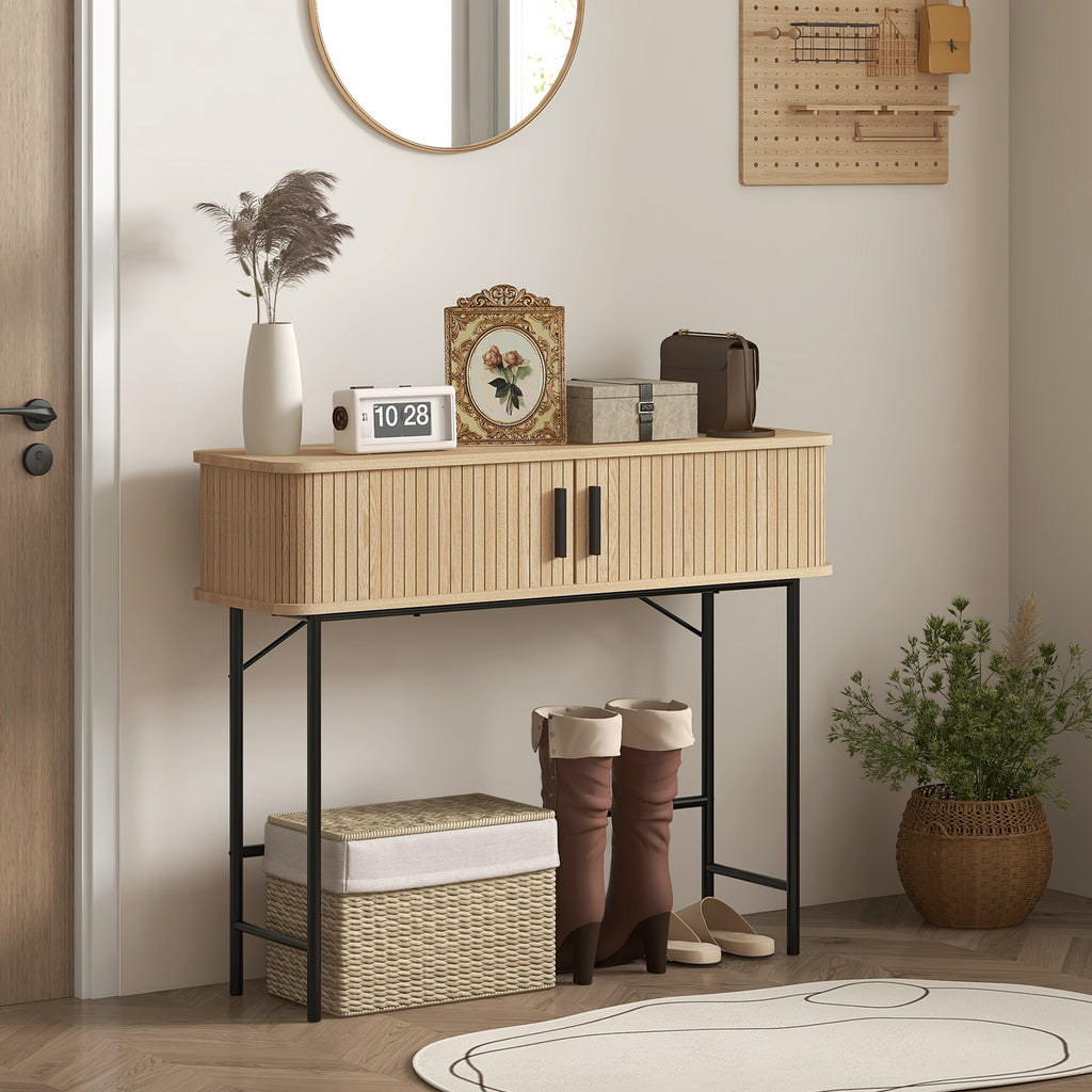 Console meuble, table console avec portes coulissantes à lattes et pieds en acier, pour salon, chêne et noir