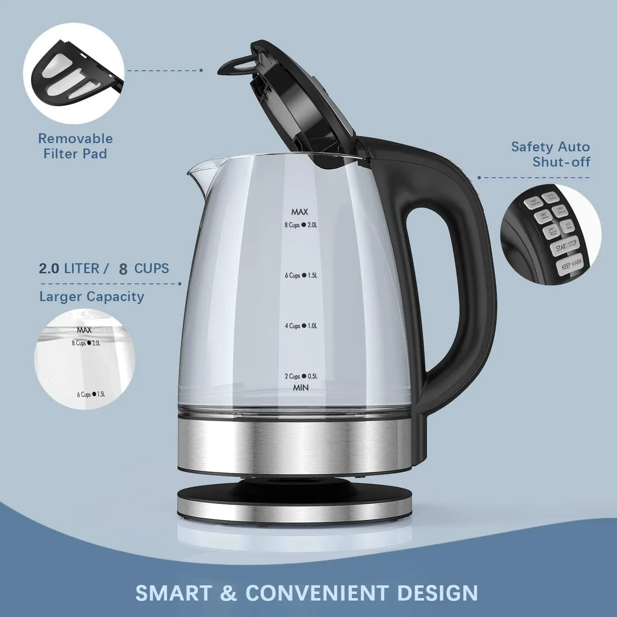 Bouilloire en verre 2 L 2200 W réglage température – Cuizy Kettle Pro