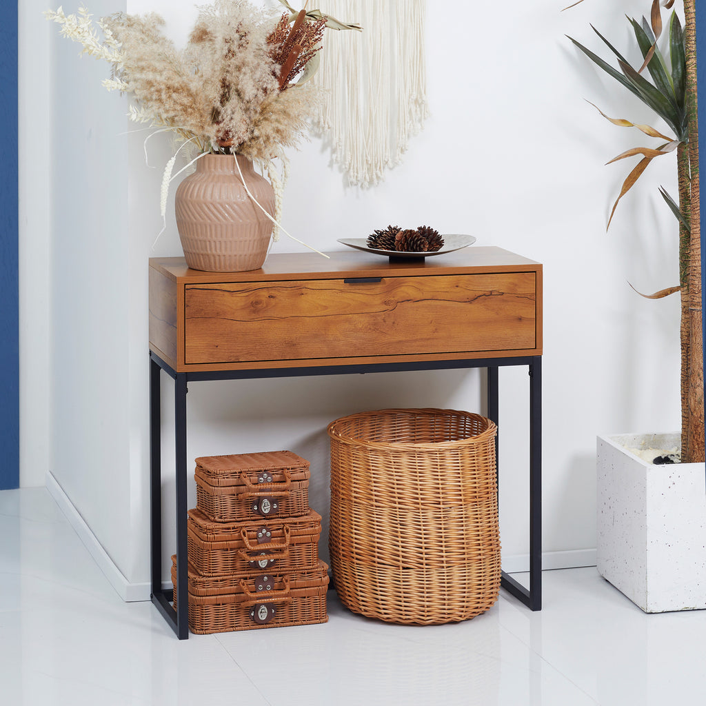 Console meuble, table console avec tiroir et pieds en acier, pour salon, entrée, couloir, 80 x 30 x 76 cm, marron