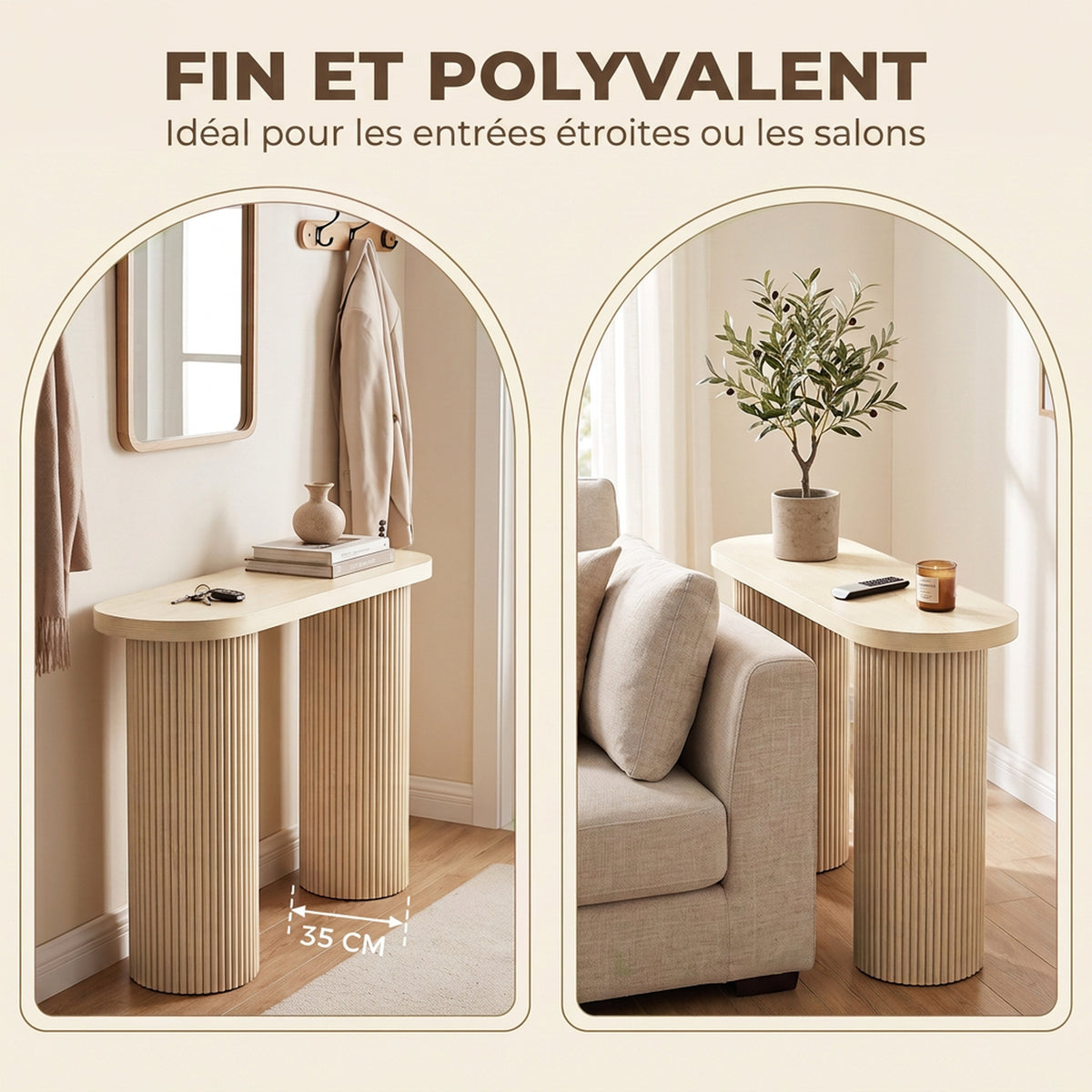 Table Console Cannelée, Rangement Dissimulé, Pieds Colonnes, Style Rustique, Console d'Entrée Étroite, 103x35x80cm Chêne