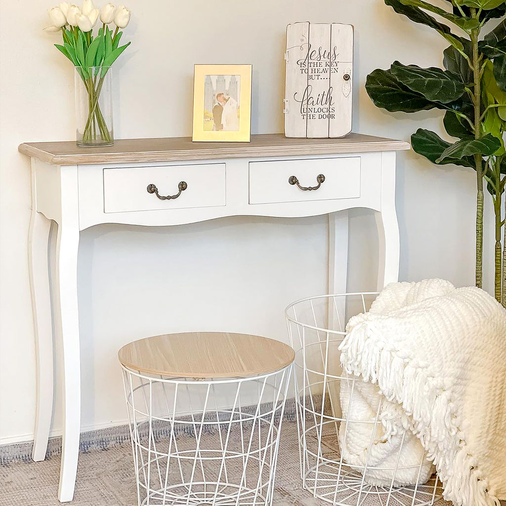 Table Console Table d'entrée Bout de Canapé Style Mexicain 2 tiroirs dim. 87L x 34l x 78H cm MDF Bois Massif pin Clair Blanc