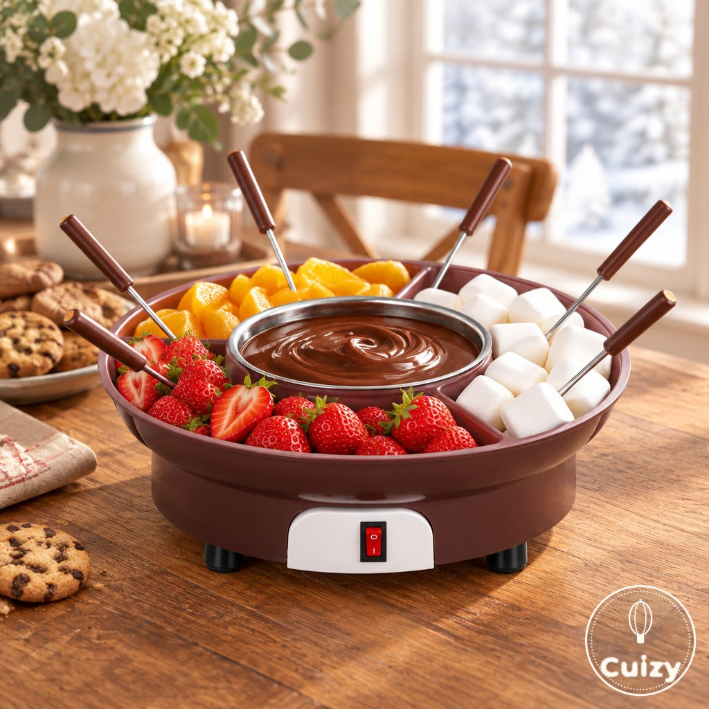 Appareil à fondue électrique Cuizy Fondu sur une table en bois, avec chocolat fondu, fraises et guimauves
