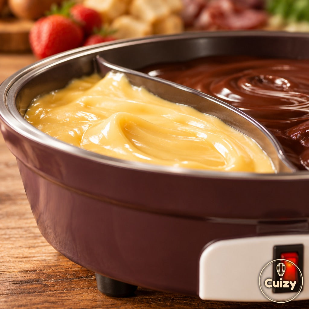 Gros plan sur le fromage et le chocolat fondus dans l'appareil à fondue Cuizy Melt
