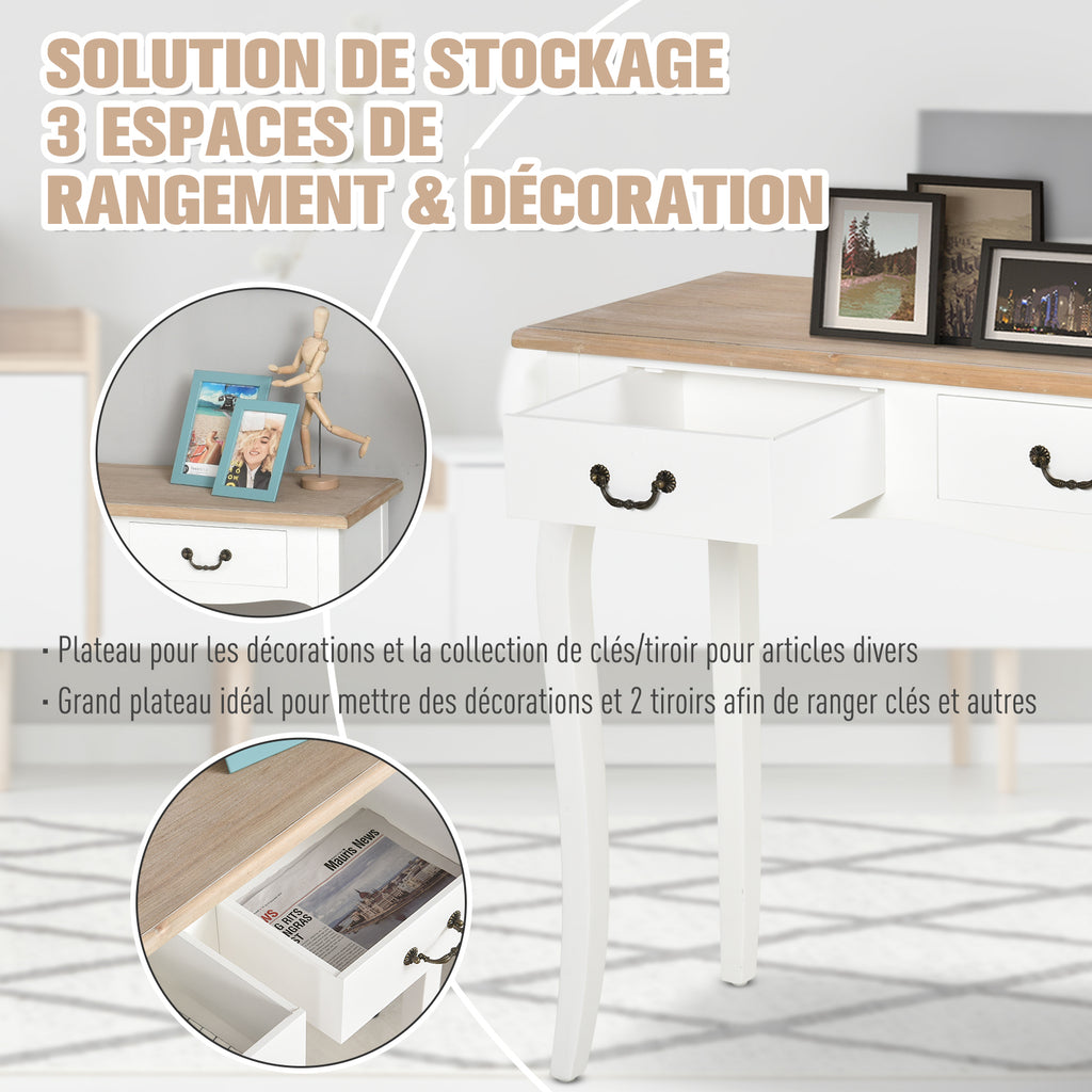 Table Console Table d'entrée Bout de Canapé Style Mexicain 2 tiroirs dim. 87L x 34l x 78H cm MDF Bois Massif pin Clair Blanc