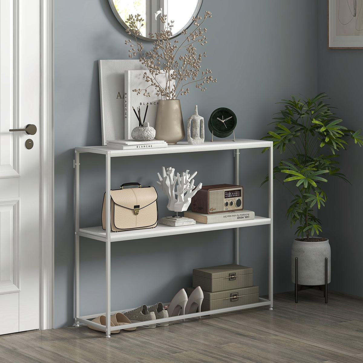 Table console en acier 2 étagères design moderne pour salon entrée couloir 100 x 30 x 87 cm blanc