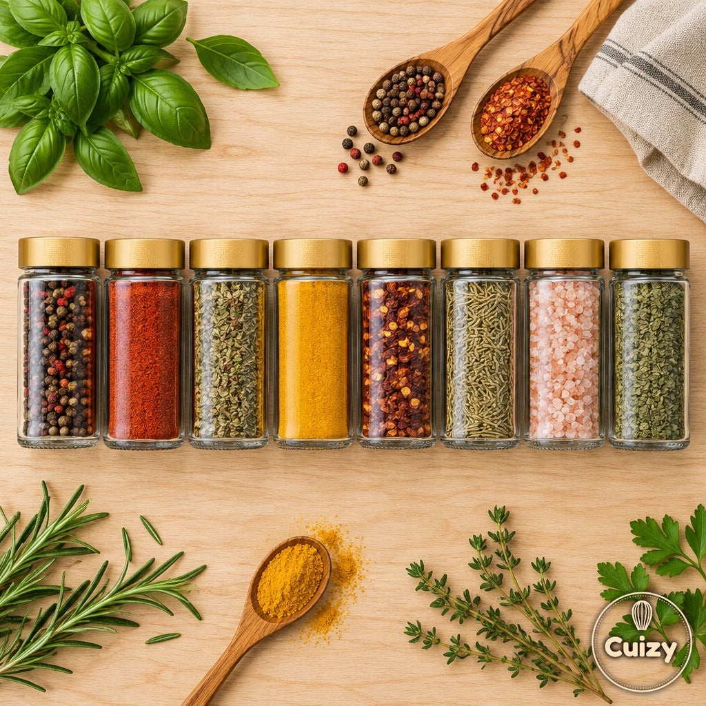 Vue du dessus des pots à épices en verre Cuizy Pinch remplis d'épices