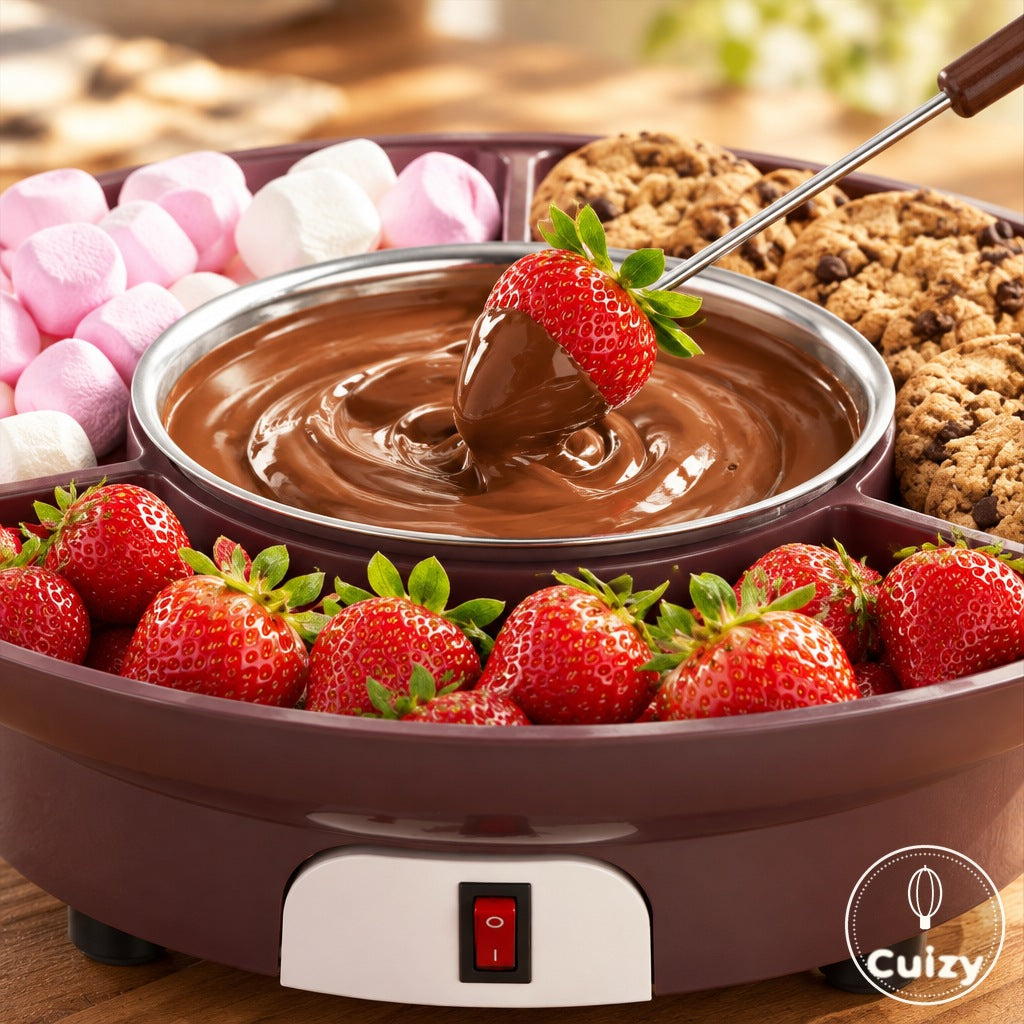 Gros plan sur le chocolat fondu et le plateau à 3 compartiments du Cuizy Fondu