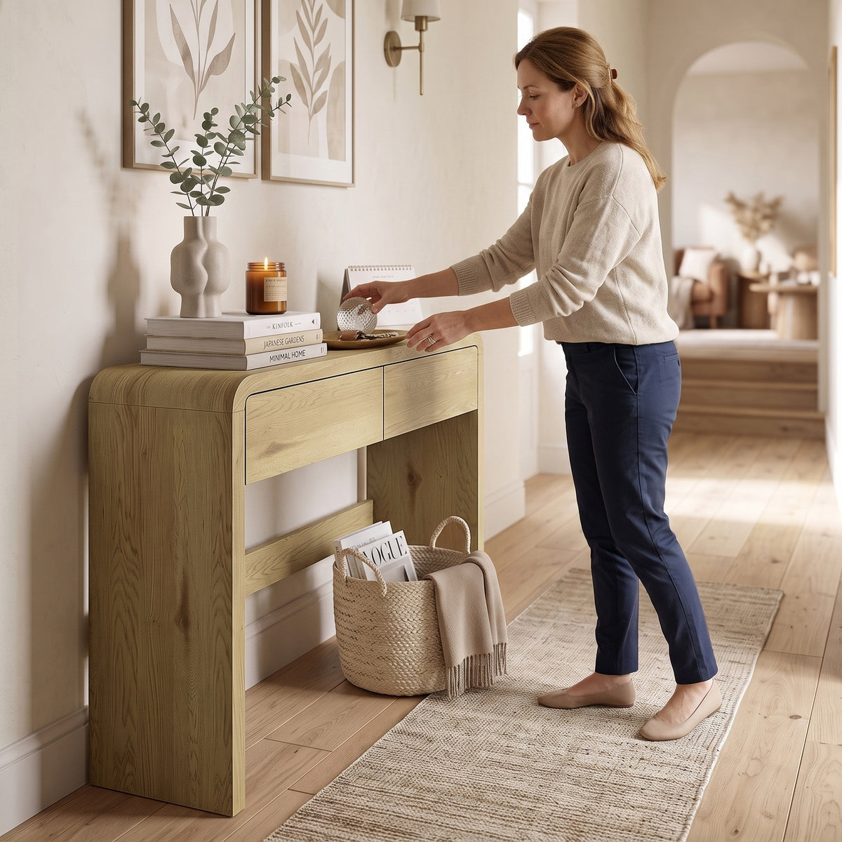Table Console avec 2 Tiroirs, Console Meuble, 100 x 30 x 85 cm, Coins Arrondis et Plateau Épais, Bois Naturel