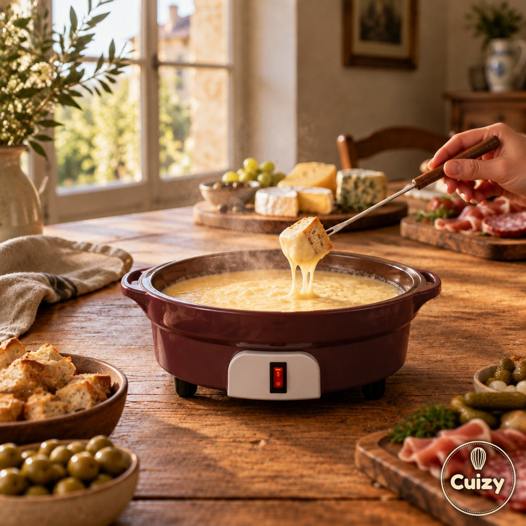 Cuizy Melt en utilisation : un cube de pain trempé dans le fromage fondu
