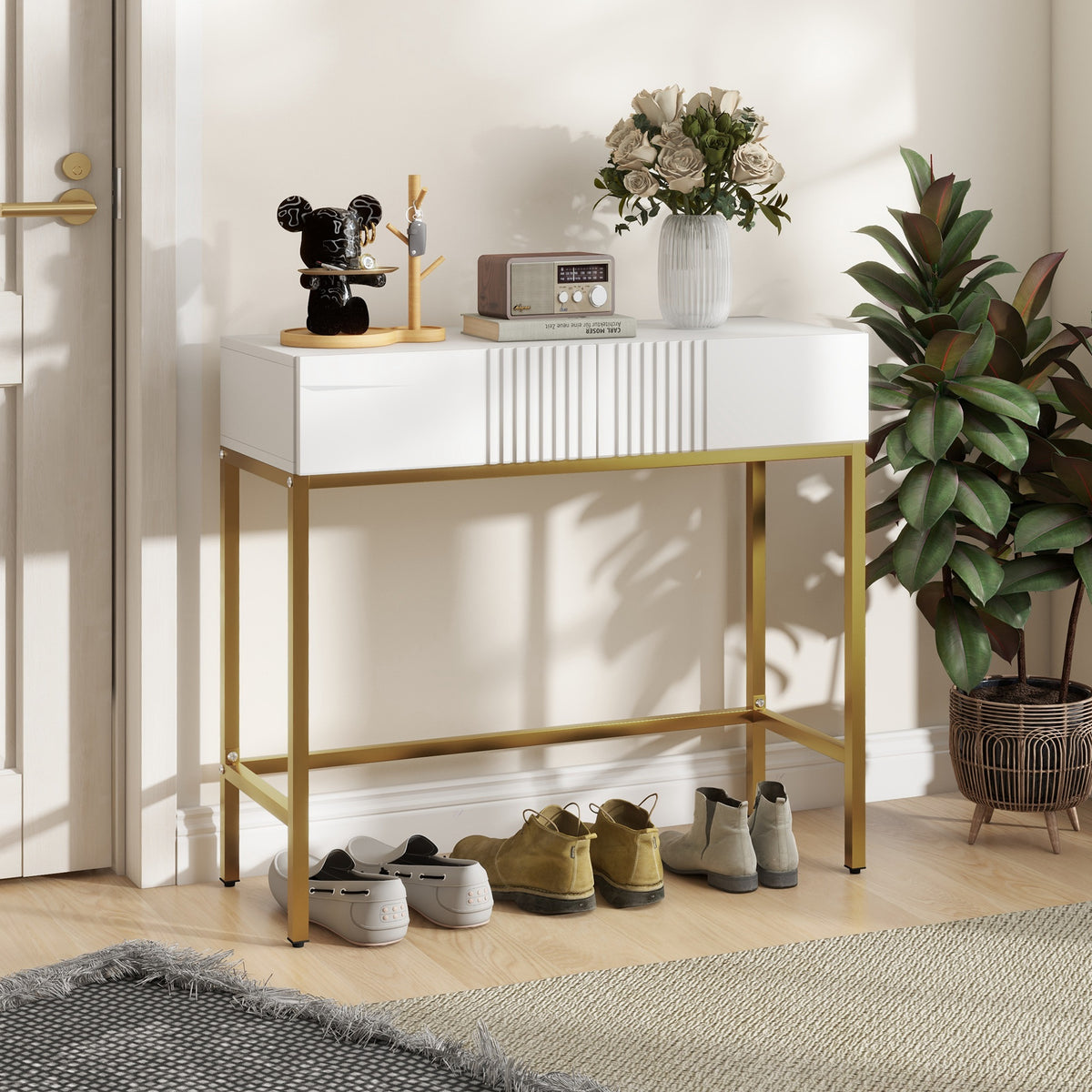 Table console console meuble avec 2 tiroirs base en acier avec pieds antidérapants 80 x 31,5 x 75 cm blanc