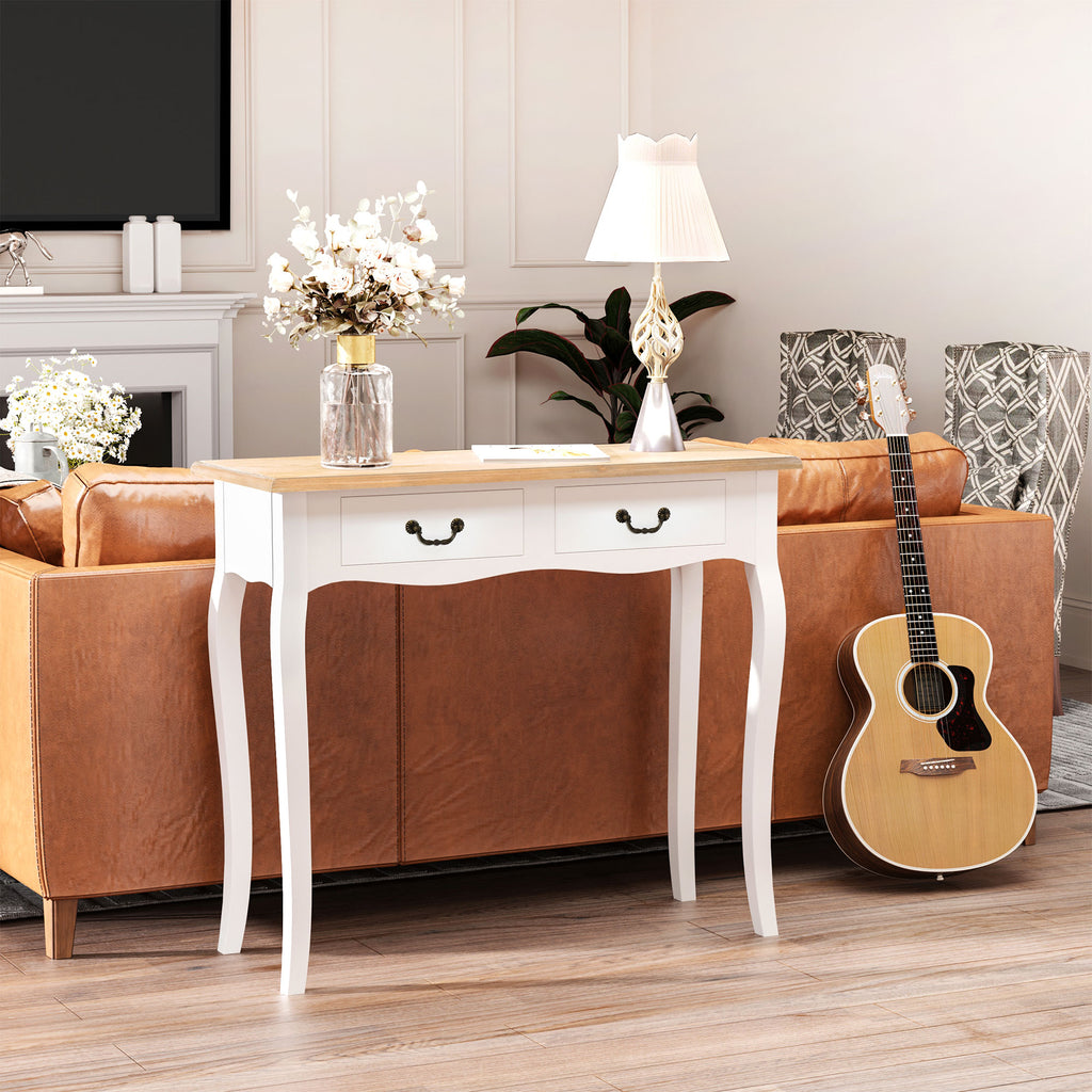 Table Console Table d'entrée Bout de Canapé Style Mexicain 2 tiroirs dim. 87L x 34l x 78H cm MDF Bois Massif pin Clair Blanc