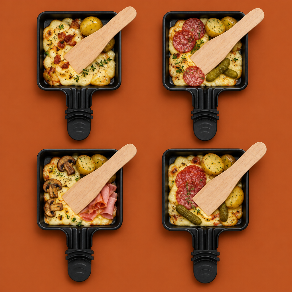 Vue du dessus des 4 poêlons raclette Cuizy Melt