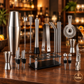 Kit shaker cocktail complet Cuizy Mix sur un comptoir de bar en noyer