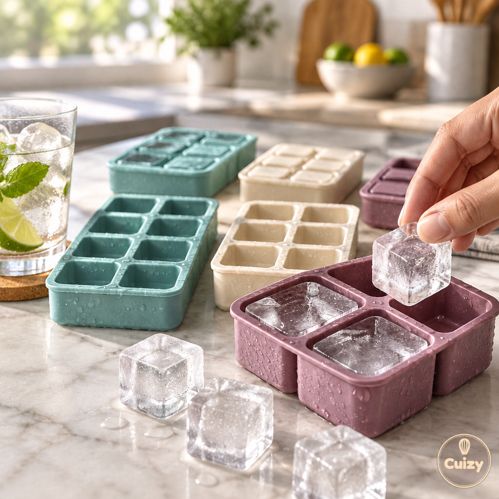 Cuizy Ice en utilisation : glaçons démoulés à côté d'une boisson fraîche