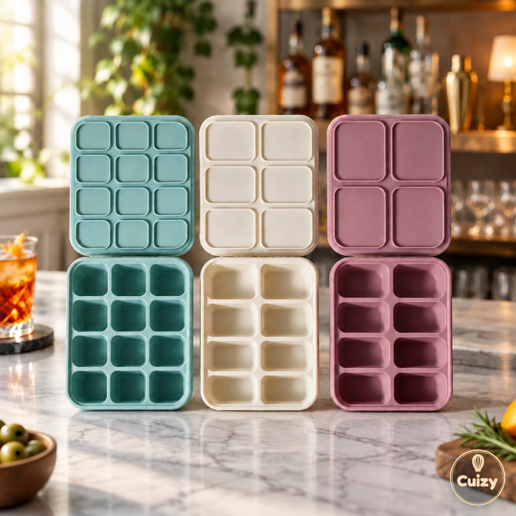 Moule à glaçons silicone avec couvercle Cuizy Ice sur un comptoir en marbre