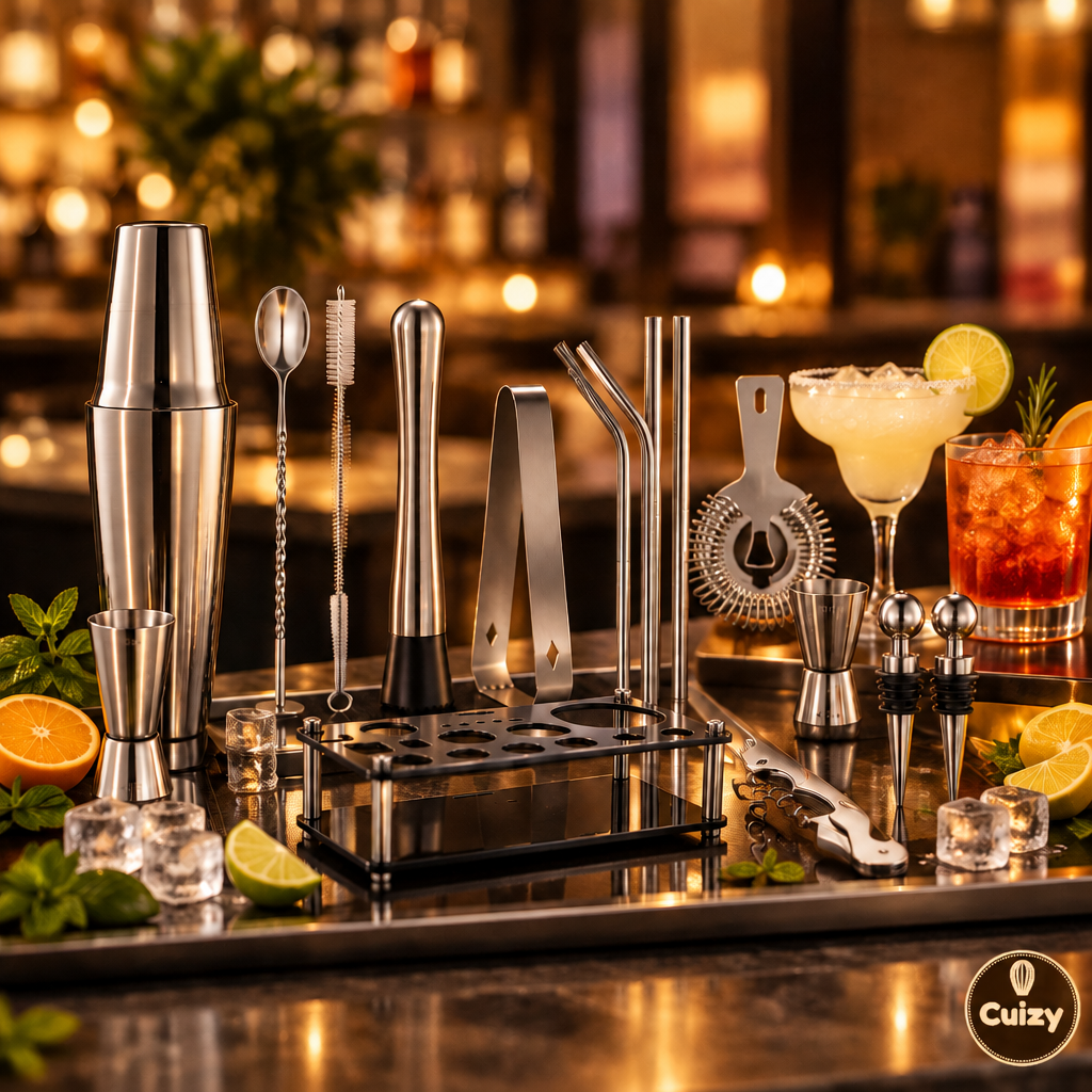 Kit shaker Cuizy Mix avec deux cocktails sur un plateau de bar