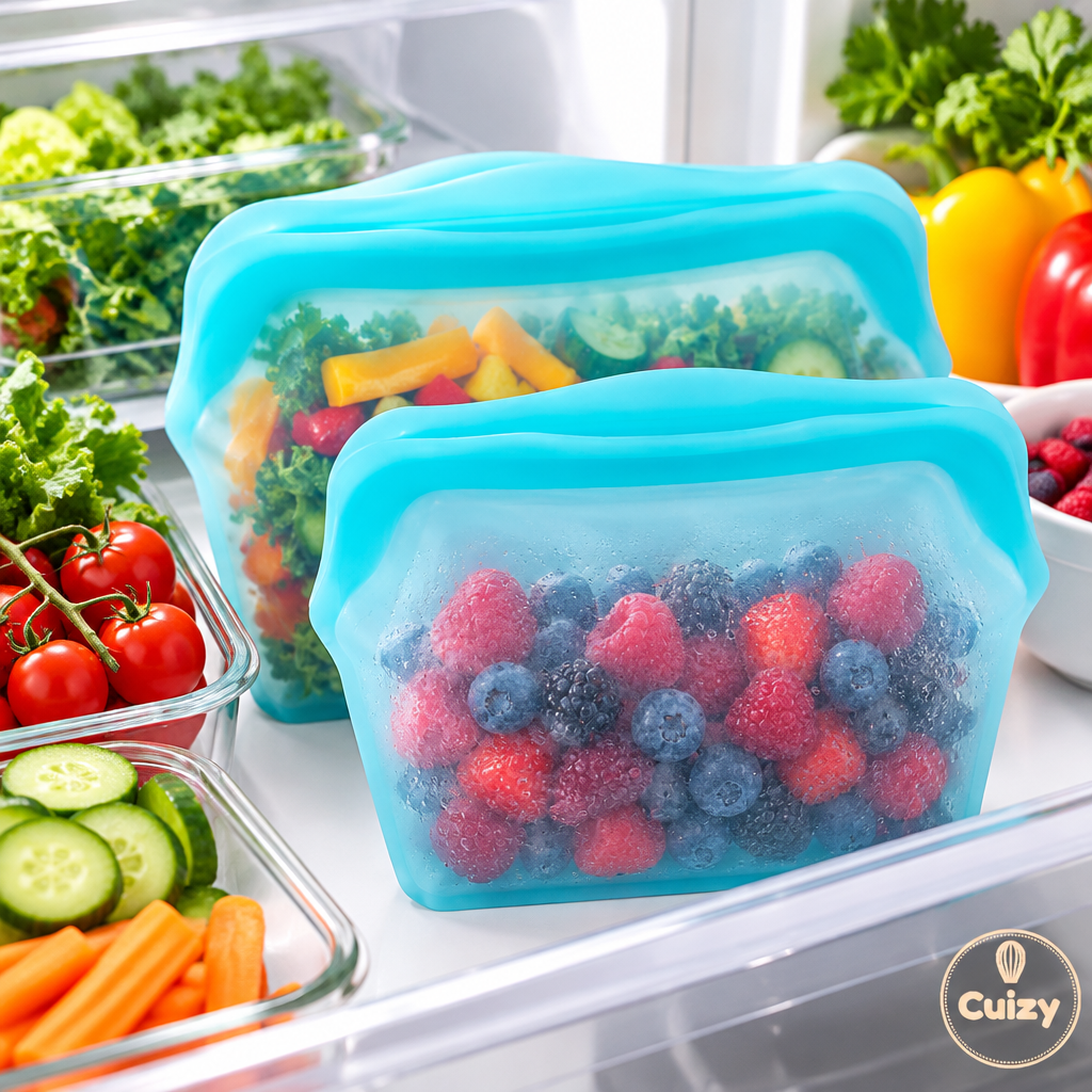 Sacs Cuizy Fresh rangés dans le frigo avec des ingrédients